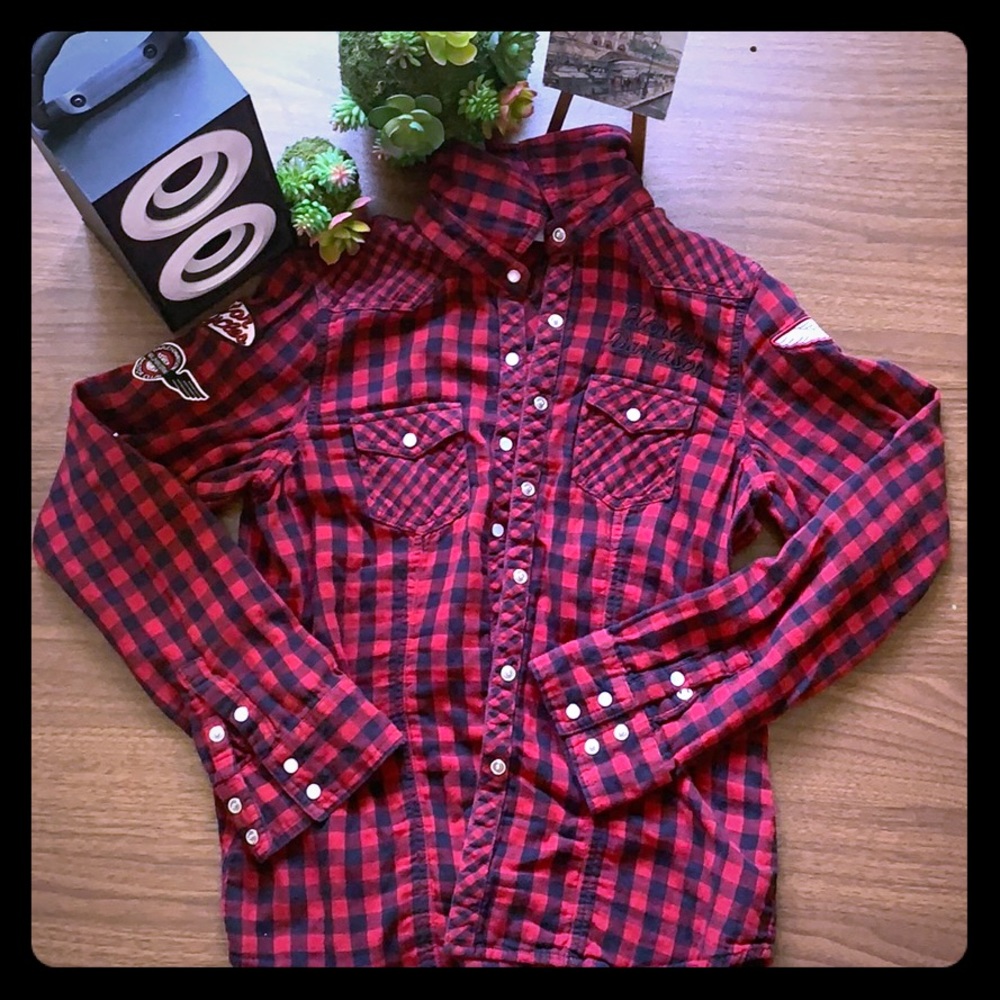 Red and black plaid Harley Davison jacket